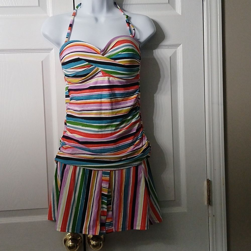 Anne Cole halter tankini swimsuit top  skirt multicolor stripe set Sz M/L NWOT